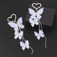 PANTIDE Pearl Heart Butterfly Dangle Earrings for Women Girls, Wedding Pearl Plated Yarn Butterfly Hook Long Tassel Dangling, Butterfly Earrings for Bridal Dress Ear Accessories Earrings Gift