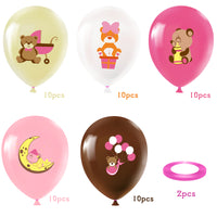 PANTIDE 52Pcs Cute Bear Print Balloons Set 12 Inches Pink Rose Red Yellow Brown White Latex Balloons with Bear Patterns for Baby Girls Kids Baby Shower Birthday Party Supplies Decorations with Ribbon