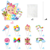PANTIDE Set of 49 JOJO Cake Toppers Cupcake Toppers - HAPPY BIRTHDAY JOJO Cake Topper, Rainbow Bow Unicorn Puppy Lollipop Donut Microphone Cupcake Toppers – JOJO Birthday Party Decorations for Girls