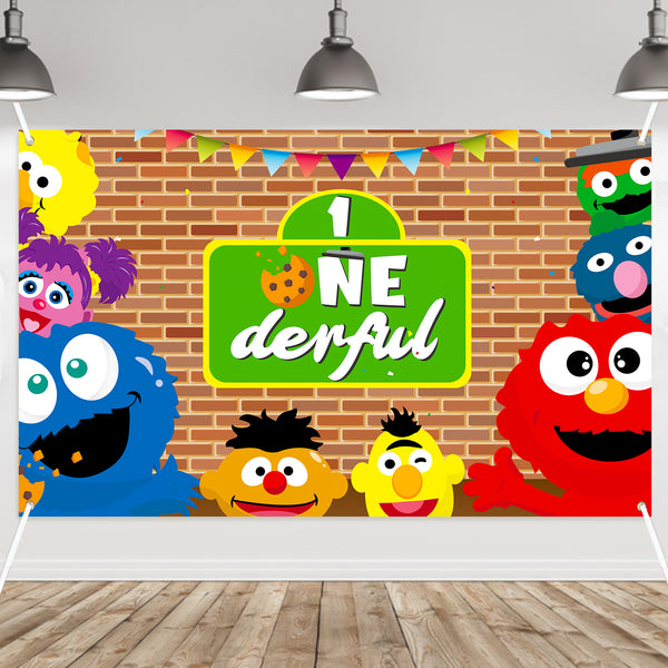 PANTIDE Sesame Brick Wall Photography Backdrop, Elmo Cookie Monster 1st Onederful Large Poster Photo Booth Background Wall Décor, Sesame Birthday Party Supplies for Baby One Year Old (5.9ft x 3.6ft)