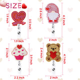 PANTIDE Set of 4 Love Heart Retractable Badge Reels Sweet Heart Bear Cupcake Gnome Shiny Glitter Felt Name ID Card Decorative Pink Badge Holders with Alligator Clip for Student Doctor Office Worker