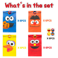 PANTIDE 24Pcs Sesame Goody Candy Treat Bags Sesame Party Favor Bags Sesame Party Supplies Sesame Party Decorations Elmo Cookie Monster Big Bird Ernie with Stickers for Birthday Party Baby Shower