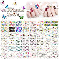 PANTIDE 24 Colors/Set Holographic 3D Butterfly Nail Glitter Sequins and 48 Sheets Water Transfer Nail Decals Stickers Tattoos, Laser Sparkle Confetti Flakes Manicure Nail Art Supplies DIY Crafting