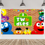 PANTIDE Sesame Brick Wall Photography Backdrop, Elmo Cookie Monster 2nd Twodles Large Poster Photo Booth Background Wall Décor, Sesame Birthday Party Supplies for Baby Two Year Old (5.9ft x 3.6ft)