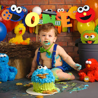 PANTIDE Sesame Inspired One Birthday Banner Sesame Themed 1st Birthday High Chair Banner Elmo Cookie Monster Photo Props Garland Party Supplies Decorations for Boys Girls