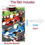 PANTIDE Racing Car Photo Door Banner Backdrop Props, Large Satin Photo Background Face Photography Banner Decor Let's Go Racing Theme Party Favor Supply Decorations Party Games for Kids, 59 x 39 Inch