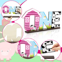 PANTIDE Pink Farm Animals One Letter Sign Wooden Table Centerpiece for Baby Girls Cow Barnyard Animals Themed 1st Birthday Party Decorations Supplies Milestone Baby Shower Cake Smash Photo Props