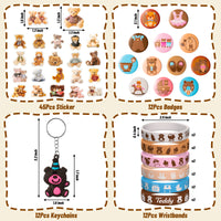 PANTIDE 87Pcs Bear Party Favors Supplies Set – Included Stuffed Plush Bear Vinyl Stickers Keychains Badges Silicone Wristbands Bracelets for Birthday Gifts Baby Shower Wedding Classroom Rewards