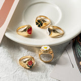 PANTIDE 5Pcs Chunky Retro Rings Enamel Gold Plated Rings Yin Yang Daisy Flower Rose Heart Lucky Clover Y2K Aesthetic Jewelry Glazed Minimalist Stacking Bold Statement Rings for Women (Size 8)
