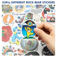 PANTIDE 53Pcs Grateful Bears Stickers Vinyl Waterproof Dancing Rock Band Bears Stickers for Laptop Bottles Skateboard Vehicles Electric Guitar Bass Drum Phone Cartoon Bears Graffiti Decals Gift