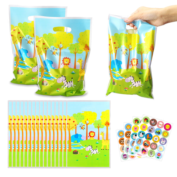 PANTIDE Jungle Animal Party Favors, 50Pcs Safari Animal Goodies Candy Treat Bags with Stickers, Plastic Bags for Candy, Jungle Safari Theme Birthday Zoo Animal Party Supplies for Kids Party Gift Bags