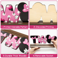 Laffact Minnie Theme Two Letter Sign Table Decoration for Wooden Table Centerpiece Topper, 2nd Birthday Party Decoration Supplies Two Birthday Wood Table Sign Milestone Photo Props for Baby Shower
