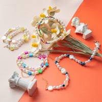 PANTIDE 4 Pcs Bead Pearl Choker Necklace for Women Girls Bohemian Smiley Face Flower Evil Eyes Imitation Pearl Aesthetic Jewelry Chain Assorted Rainbow Handmade Y2K Boho Glass Beads Choker Bracelet