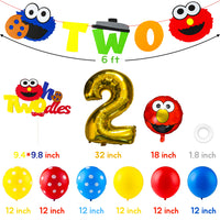 PANTIDE 42Pcs Sesame Birthday Party Decorations Kit - 2nd Elmo Balloons Photo Prop, Sesame Twodles Cake Topper, Elmo Cookie Monster Banner, Great Sesame Theme Party Supplies for Two Year Old Kids