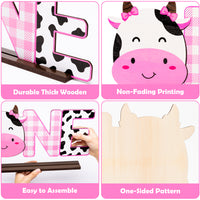 PANTIDE Cow One Letter Sign Wooden Table Centerpiece for Baby Girls Pink Cow First Birthday Decoration Pink Farm Barnyard Animals 1st Table Sign Party Supplies for Baby Shower Cake Smash Photo Props