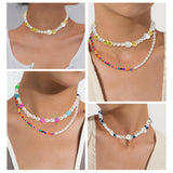 PANTIDE 4 Pcs Bead Pearl Choker Necklace for Women Girls Bohemian Smiley Face Flower Evil Eyes Imitation Pearl Aesthetic Jewelry Chain Assorted Rainbow Handmade Y2K Boho Glass Beads Choker Bracelet