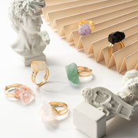 PANTIDE 6Pcs Crystal Raw Stone Rings Irregular Gemstone Open Rings Adjustable Nature Stone Rings Jewelry Gift Purple Yellow Pink White Crystal Green Fluorite Obsidian Rings for Women Girls (Gold)