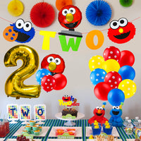 PANTIDE 42Pcs Sesame Birthday Party Decorations Kit - 2nd Elmo Balloons Photo Prop, Sesame Twodles Cake Topper, Elmo Cookie Monster Banner, Great Sesame Theme Party Supplies for Two Year Old Kids