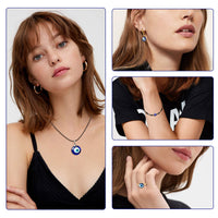 PANTIDE 5Pcs Evil Eyes Protection Jewelry Set, Including Evil Eye Glass Charm Pendant Necklace, Turkish Blue Beads Braid Bracelet, Hoop Earrings, Adjustable Open Ring for Women Men Girls Boys