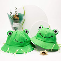 PANTIDE 2 Packs Cute Frog Bucket Hats Parent-Child Hats, Green Wide Brim Fisherman Hats, Polyester Bucket Summer Sun Protection Anti UV Hats, Packable Unique Family Matching Hats for Parent and Kid