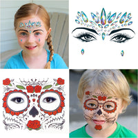 PANTIDE Day of the Dead Sugar Skull Temporary Face Tattoos Rhinestone Stickers Face Gems Makeup Jewelry with Red Black Rose Floral Crown Headband for Women Girls Dia De Los Muertos Halloween Costume