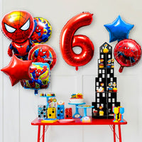 PANTIDE 8Pcs Spiderman Balloons Bouquet 6th Birthday Kit- Avengers Superhero Theme Birthday Party Supplies Favors Decor, Including Giant Number 6 Balloon Quadrate/Round/Star/Heart shaped Foil Balloons