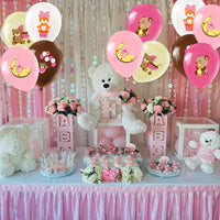 PANTIDE 52Pcs Cute Bear Print Balloons Set 12 Inches Pink Rose Red Yellow Brown White Latex Balloons with Bear Patterns for Baby Girls Kids Baby Shower Birthday Party Supplies Decorations with Ribbon