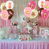 PANTIDE 52Pcs Cute Bear Print Balloons Set 12 Inches Pink Rose Red Yellow Brown White Latex Balloons with Bear Patterns for Baby Girls Kids Baby Shower Birthday Party Supplies Decorations with Ribbon