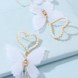 PANTIDE Pearl Heart Butterfly Dangle Earrings for Women Girls, Wedding Pearl Plated Yarn Butterfly Hook Long Tassel Dangling, Butterfly Earrings for Bridal Dress Ear Accessories Earrings Gift
