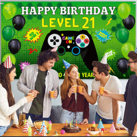 PANTIDE Level 21 Video Game Happy Birthday Backdrop Banner- Level Up Birthday Party Decorations Supplies, Game Controller Balloon Banner Background, Game On Party Large Poster Accessory (6.5 x 3.8ft)