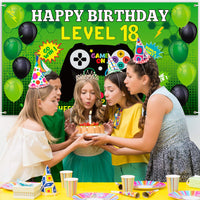 PANTIDE Level 18 Video Game Happy Birthday Backdrop Banner- Level Up Birthday Party Decorations Supplies, Game Controller Balloon Banner Background, Game On Party Large Poster Accessory (6.5 x 3.8ft)