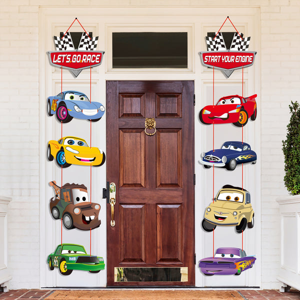 PANTIDE Race Car Cutouts Door Sign Porch Sign, Cardboard Checkered Flags Hanging Banner for Outdoor Indoor Home Wall Decorations, Let’s Go Racing Theme Party Decoration Supplies Kit for Kids Race Fans
