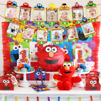 PANTIDE Sesame Friends 1st Birthday Photo Banner for Baby Newborn to 12 Months, Monthly Milestone Photograph Bunting Garland with Stickers, Elmo Cookie Monster Themed First Birthday Party Decorations