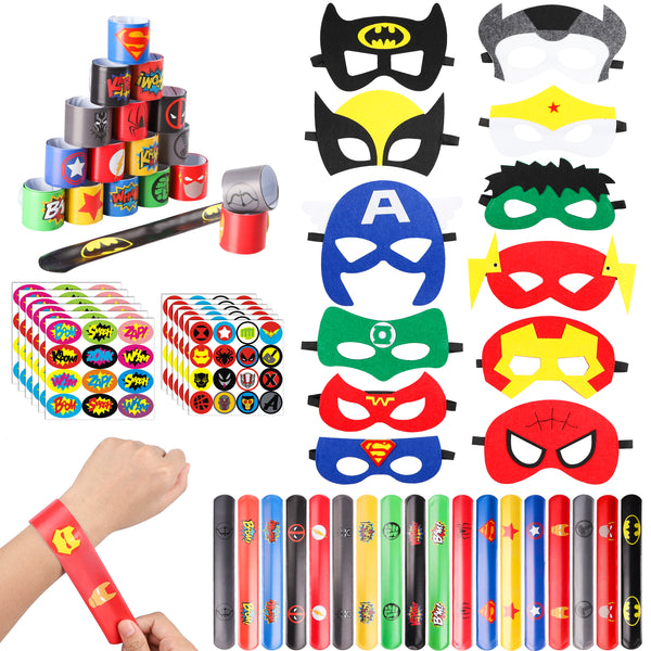 PANTIDE 60 Packs Superhero Party Favors - 36 Pcs Superhero Slap Bracelets, 12 Pcs Felt Masks, 12 Sheets of Stickers, Avengers Superhero Theme Birthday Party Supplies Carnival Class Prize for Kids Boys