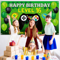 PANTIDE Level 16 Video Game Happy Birthday Backdrop Banner- Level Up Birthday Party Decorations Supplies, Game Controller Balloon Banner Background, Game On Party Large Poster Accessory (6.5 x 3.8ft)