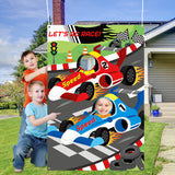 PANTIDE Racing Car Photo Door Banner Backdrop Props, Large Satin Photo Background Face Photography Banner Decor Let's Go Racing Theme Party Favor Supply Decorations Party Games for Kids, 59 x 39 Inch