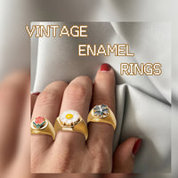 PANTIDE 5Pcs Chunky Retro Rings Enamel Gold Plated Rings Yin Yang Daisy Flower Rose Heart Lucky Clover Y2K Aesthetic Jewelry Glazed Minimalist Stacking Bold Statement Rings for Women (Size 8)