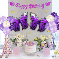 PANTIDE 46Pcs Butterfly Party Decoration Supplies Kit Happy Birthday Banner Butterfly Foil Latex Balloons 3D Butterfly Wall Stickers Decor Cake Topper for Girls Women Birthday Baby Shower Spring Party
