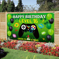 PANTIDE Level 16 Video Game Happy Birthday Backdrop Banner- Level Up Birthday Party Decorations Supplies, Game Controller Balloon Banner Background, Game On Party Large Poster Accessory (6.5 x 3.8ft)