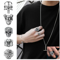 PANTIDE 15Pcs Vintage Punk Rings Set, Stainless Steel Gothic Alloy Biker Adjustable Rings, Skeleton Skull Evil Eye Chinese Dragon Claw Octopus Dragon Rings, Fashion Retro Black Silver Antique Jewelry