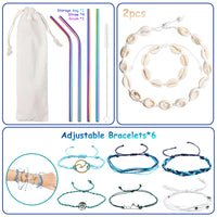 PANTIDE 84Pcs VSCO Starter Stuff Pack Set- Velvet Hair Scrunchies, VSCO Stickers, Shell Necklace Choker, Shell Bracelets, Adjustable Handmade Wave Bracelets, Metal Straws with Brush and Storage Bag