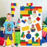PANTIDE Building Blocks Toss Game Banner with 4 Bean Bags, Fun Indoor Outdoor Party Game Activities for Kids and Adults, Building Blocks Themed Throwing Games Birthday Party Decoration Supplies Set