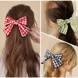 PANTIDE 4 Packs Plaid Hair Bow Clips Barrettes with Black Hair Ties, 4 Colors Large Hair Bowknot(Red/Black/Yellow/Green) with Alligator Hair Clips, Elegant French Style Hair Accessories for Women Girl