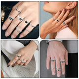 PANTIDE 17Pcs Punk Gothic Rings Set, Vintage Knuckle Rings Set Adjustable Alloy Biker Obsidian Chain Open Rings, Stackable Hollow Carved Finger Rings Midi Rings Joint Jewelry for Women Girls (Silver)