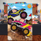 PANTIDE Monster Truck Photo Door Banner Backdrop Props Large Satin Photo Background Face Photography Banner Decor Monster Truck Theme Party Favor Supply Decorations Funny Party Games for Adult Kids