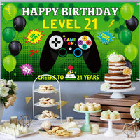 PANTIDE Level 21 Video Game Happy Birthday Backdrop Banner- Level Up Birthday Party Decorations Supplies, Game Controller Balloon Banner Background, Game On Party Large Poster Accessory (6.5 x 3.8ft)
