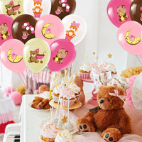 PANTIDE 52Pcs Cute Bear Print Balloons Set 12 Inches Pink Rose Red Yellow Brown White Latex Balloons with Bear Patterns for Baby Girls Kids Baby Shower Birthday Party Supplies Decorations with Ribbon