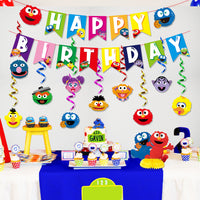 PANTIDE Sesame Birthday Party Decorations Kit - Sesame Happy Birthday Banner Bunting, Hanging Swirls Streamers, Elmo Cookie Monster Honeycomb Centerpiece Table Topper, Elmo Party Supplies for Kids
