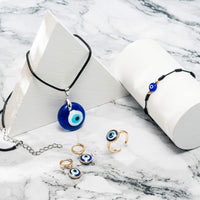 PANTIDE 5Pcs Evil Eyes Protection Jewelry Set, Including Evil Eye Glass Charm Pendant Necklace, Turkish Blue Beads Braid Bracelet, Hoop Earrings, Adjustable Open Ring for Women Men Girls Boys