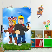 PANTIDE Robot Blocks Photo Door Banner, Video Game Large Fabric Face Photography Backdrop Background Pretend Play Photo Booth Props Party Games, Birthday Party Supplies Decorations for Kids (5x3ft)